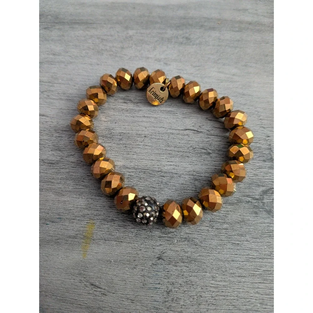 Erimish Metallic Bronze Faceted Bead Stretch Bracelet Pave Disco Ball Accent